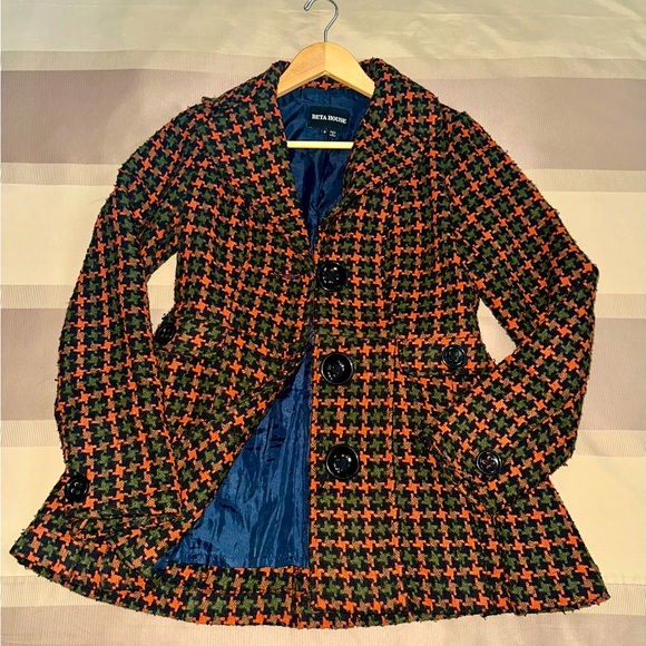 Vintage wool jacket. Orange, black, and green houndstooth pattern. - Picture 3 of 4